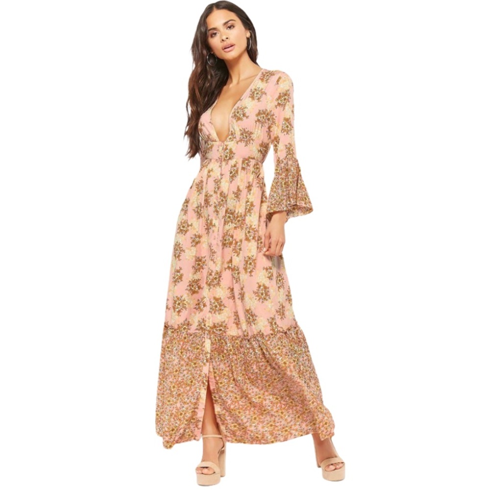 Vera Moda Peach Floral Boho Maxi Dress XS NEW!!!